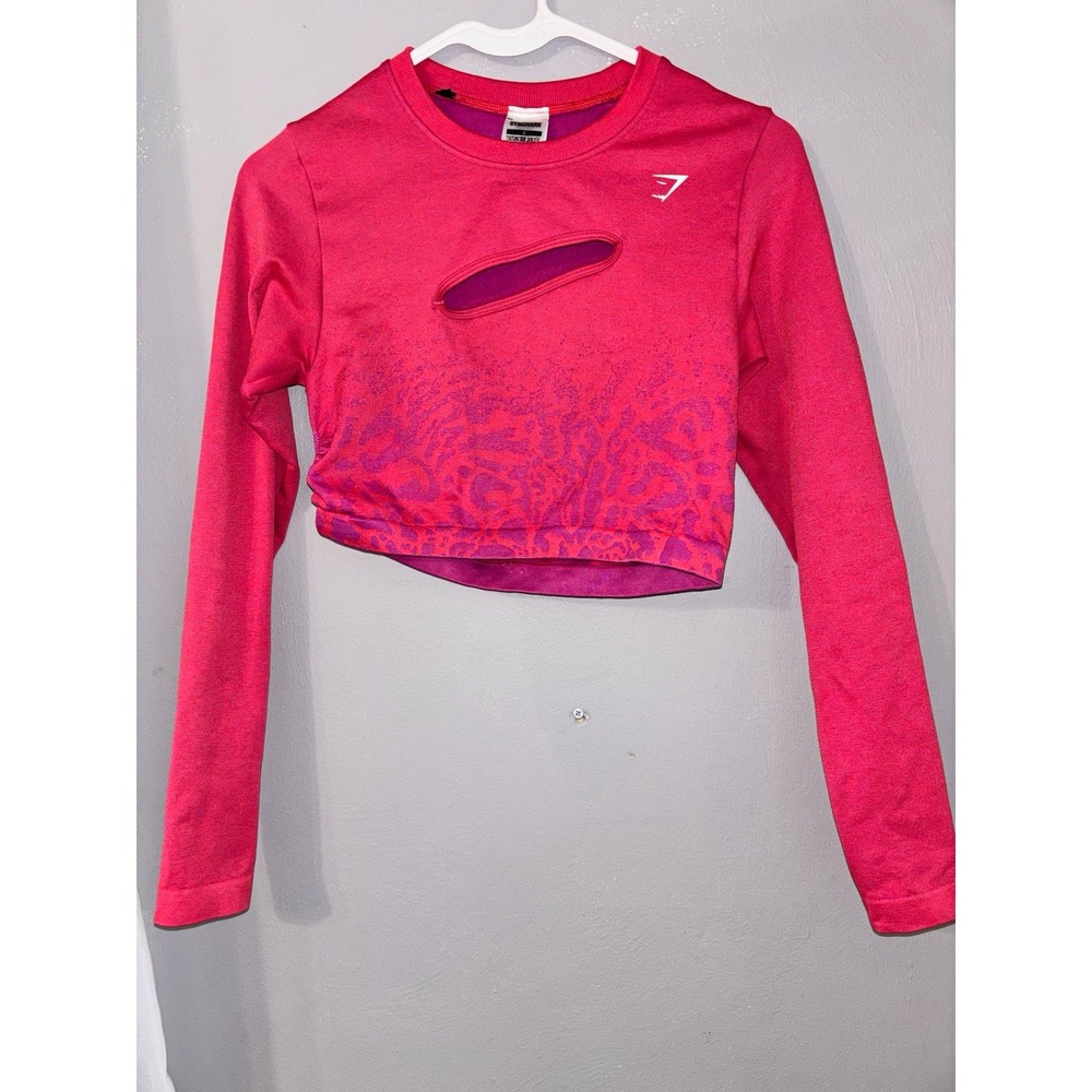 Gymshark Women's Cropped Long Sleeve Crew Neck Top Animal Print S Pink/Purple